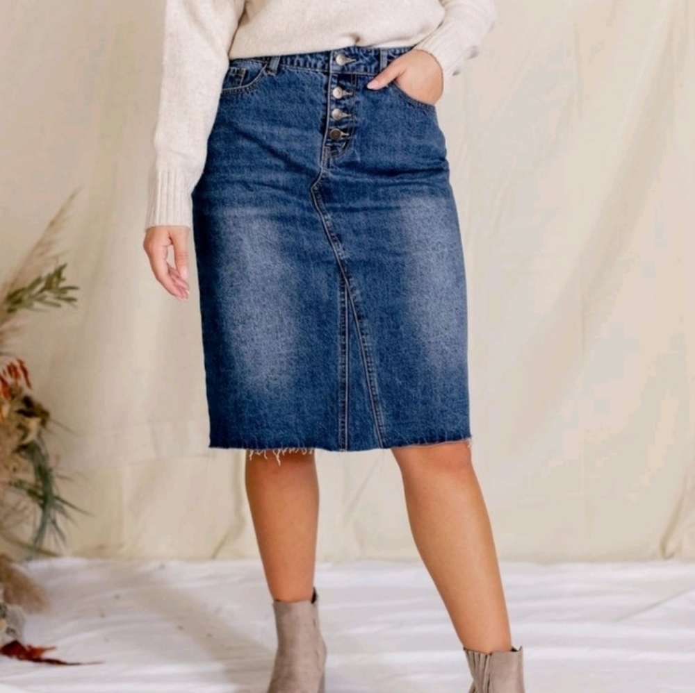 Vintage Midi Denim  Skirt 13 Blue Fade Front Slit Cotton Ginny Coastal Festival - Picture 10 of 10